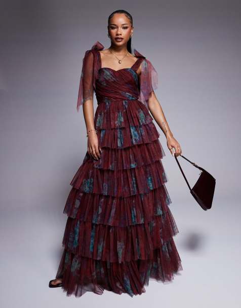 Lace & Beads Petite tiered ruffle maxi dress in burgundy floral