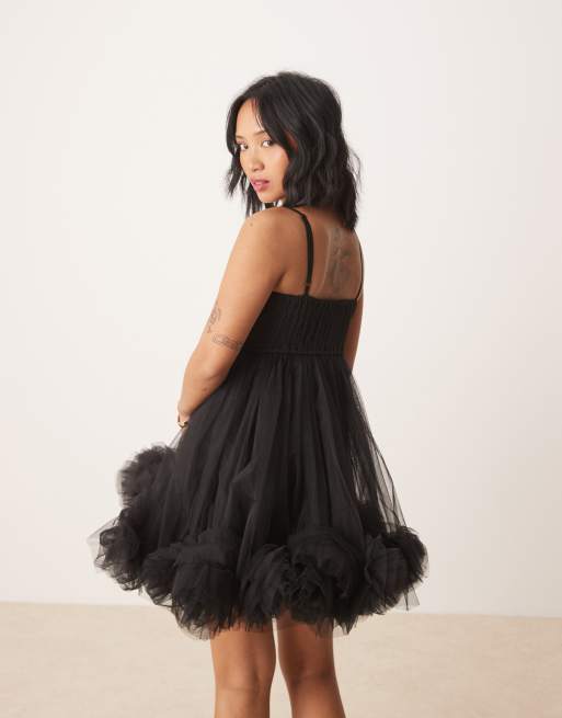 Lace & Beads Petite bubble hem babydoll micro mini dress in black, 3 of 4