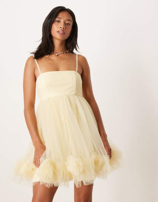 Lace & Beads Petite bubble hem babydoll mini dress in lemon, 2 of 4