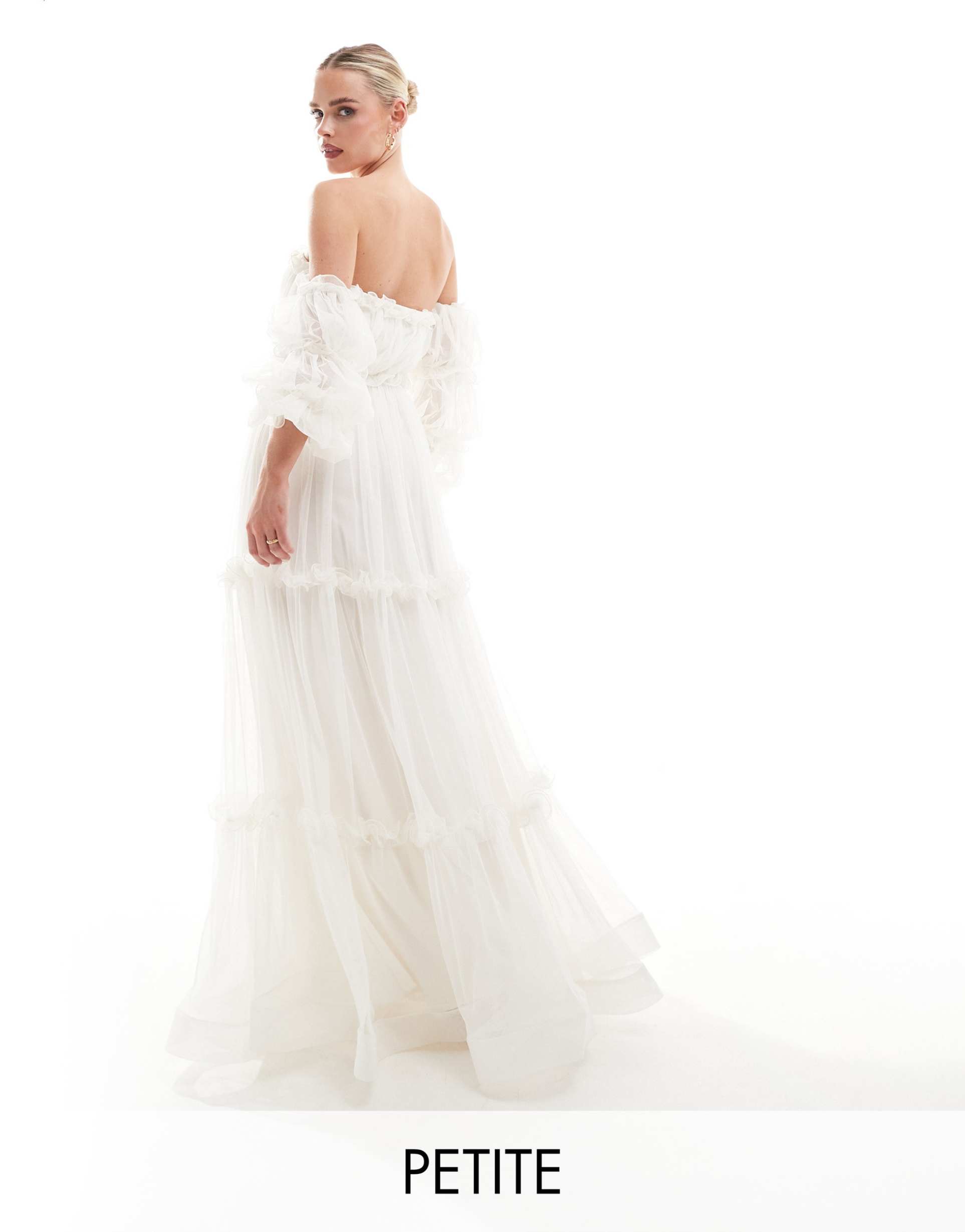 lace & beads petite bubble sleeve ruffle maxi dress in ivory