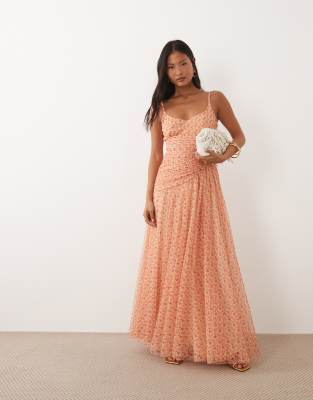 Lace & Beads Petite Cami Ruched Asymmetric Bodice Maxi Dress In Pink