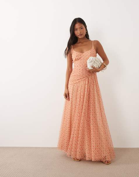 Lace & Beads Petite cami ruched asymmetric bodice maxi dress in red wildflower ditsy print - view 1