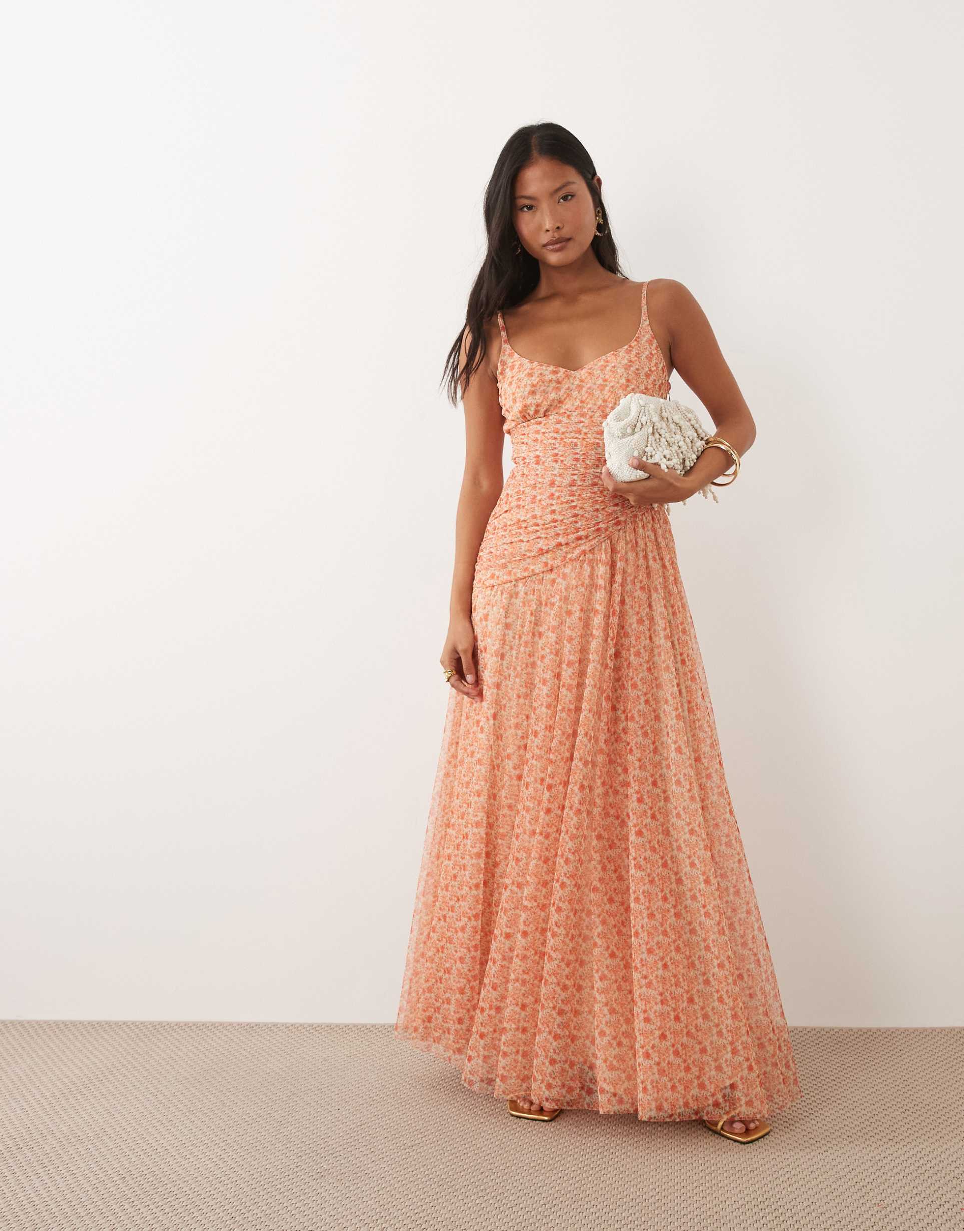 lace & beads petite cami ruched asymmetric bodice maxi dress in red wildflower ditsy print