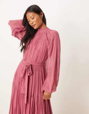 Lace & Beads Petite Chiffon Balloon Sleeve Maxi Dress In Red