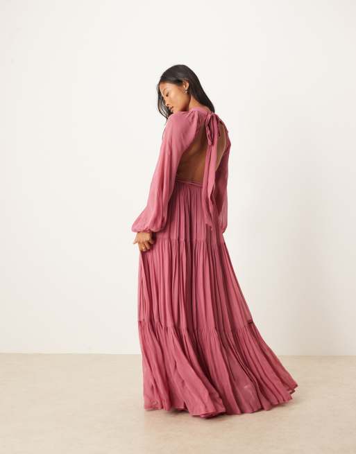 Lace & Beads Petite chiffon balloon sleeve maxi dress in orchid, 3 of 4