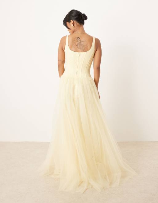 Lace & Beads Petite - Citrongul korset-maxikjole med sænket talje, 2 af 4