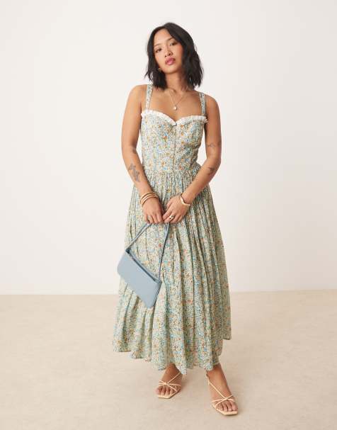 Lace & Beads Petite corset cotton midi dress in blue ditsy floral - view 1