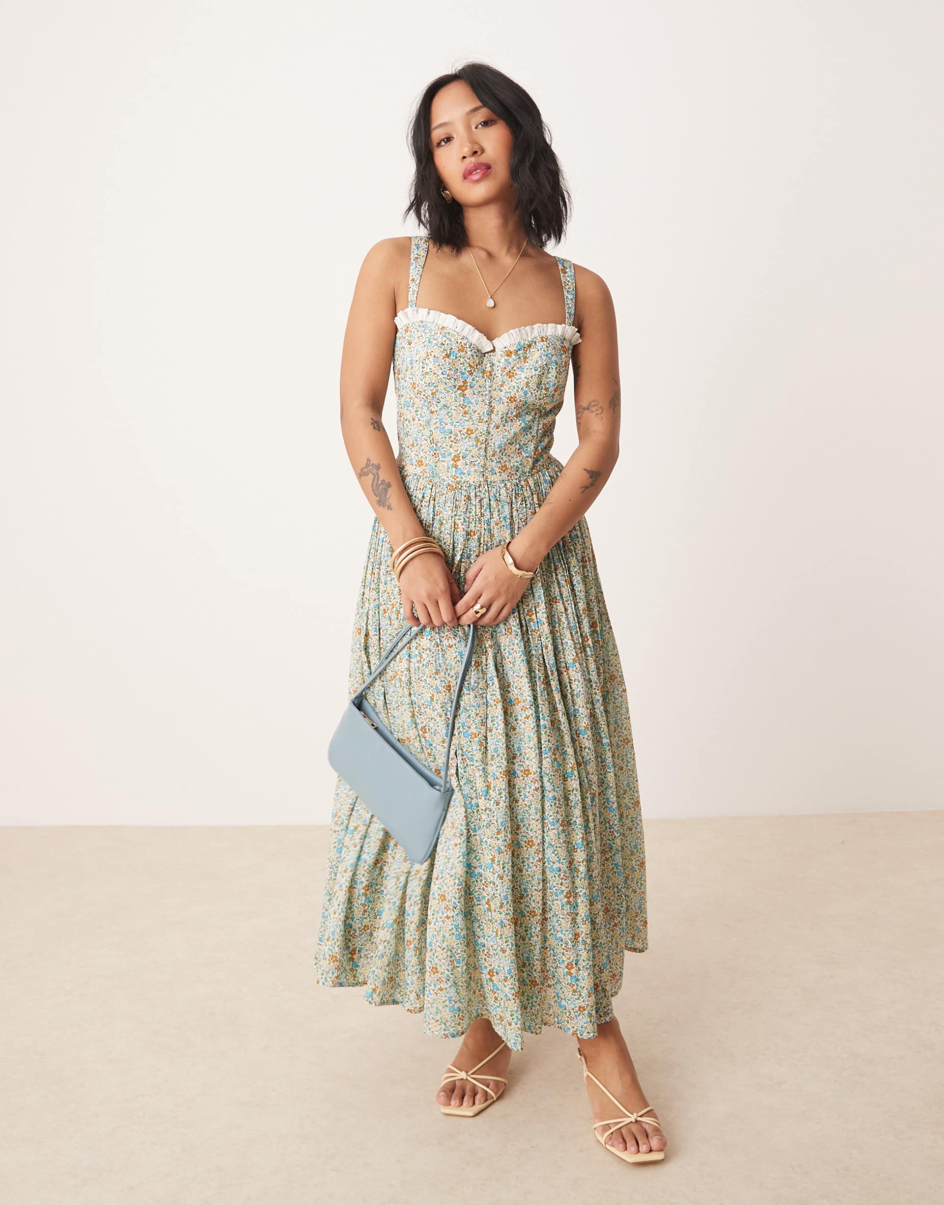 lace & beads petite corset cotton midi dress in blue micro floral