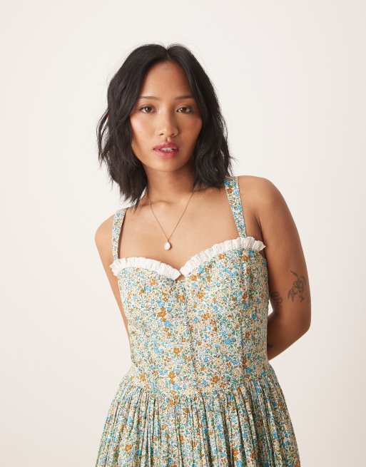 Lace & Beads Petite corset cotton midi dress in blue micro floral | ASOS