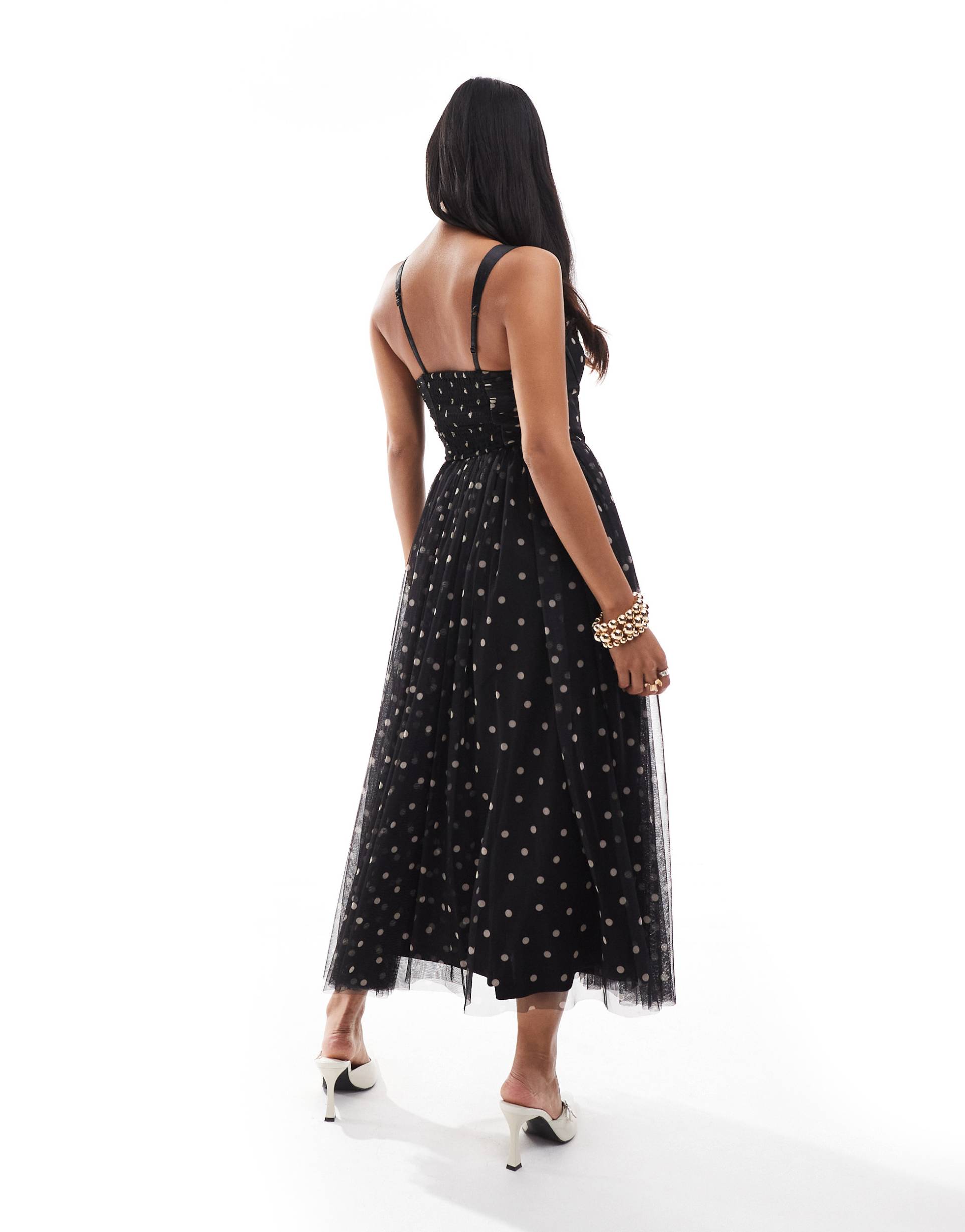 lace & beads petite corset midi dress in black polka dot