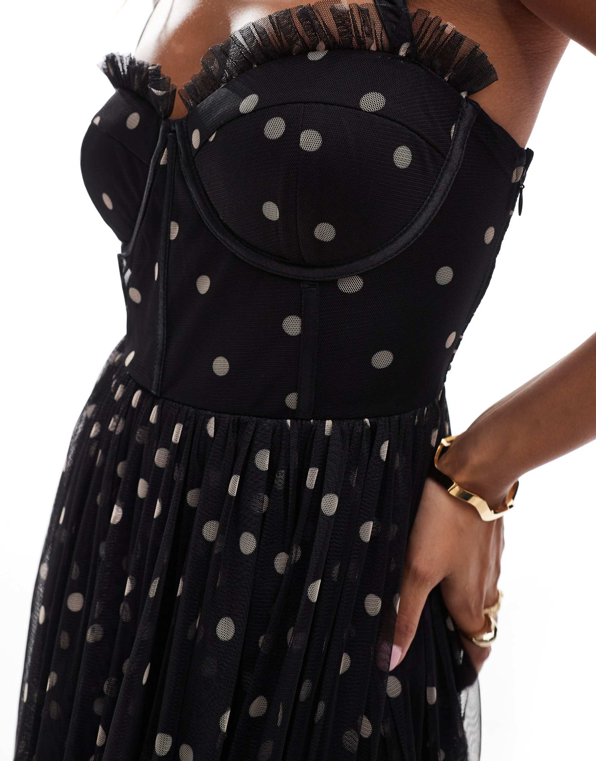 lace & beads petite corset midi dress in black polka dot