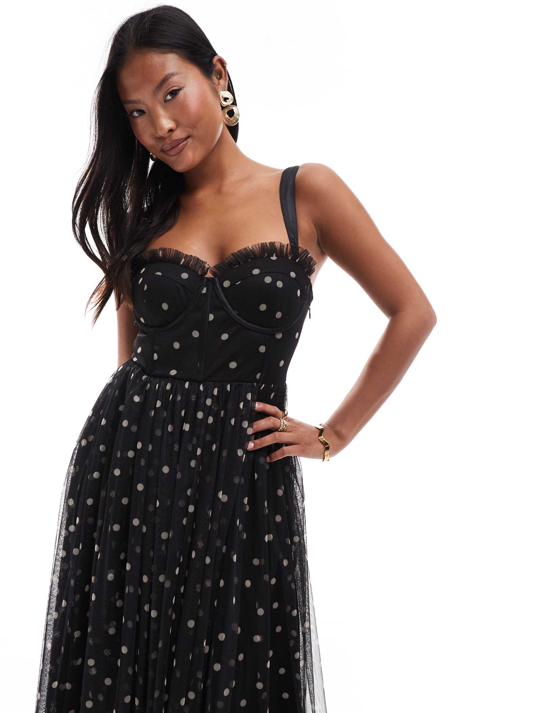 lace & beads petite corset midi dress in black polka dot