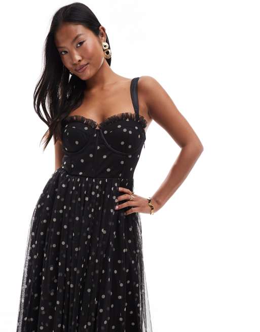 Lace Beads Petite corset midi dress in black polka dot ASOS