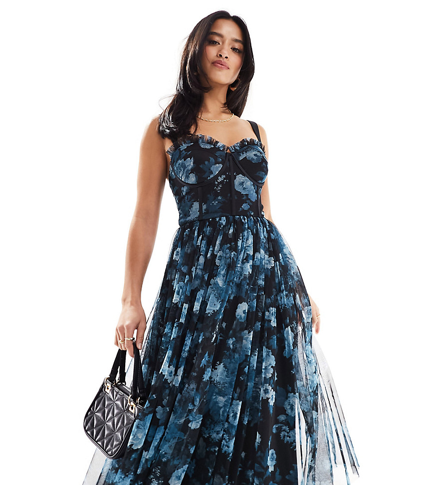 corset midi dress in blue floral