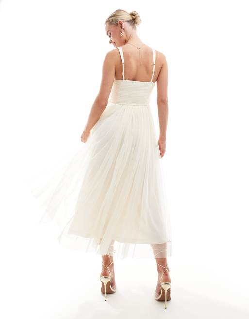 Lace & Beads Petite corset midi dress in vintage cream | ASOS