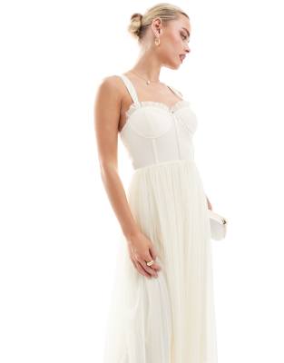 Lace & Beads Petite corset midi dress in vintage cream