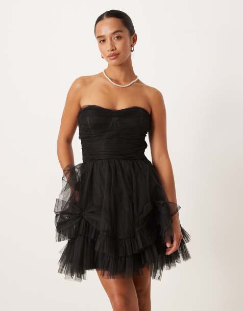 Lace & Beads Petite corset overlay tulle bow mini dress in black