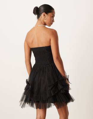 Lace & Beads Petite Corset Overlay Tulle Bow Mini Dress In Black