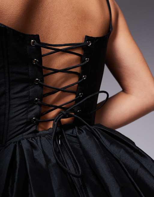 パーティードレス Taffeta Mini Dress with Lace Champagne Mini Dress - Lace-Up Tie-Strap Dress - Bow Front