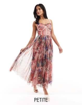 Lace & Beads Petite corset tulle midi dress in pink floral mix-Multi