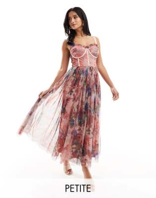 corset tulle midi dress in pink floral mix-Multi