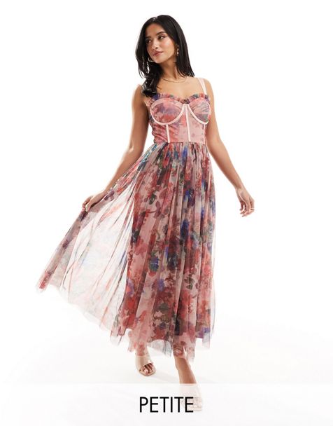 Lace & Beads Petite corset tulle midi dress in pink floral mix - view 1