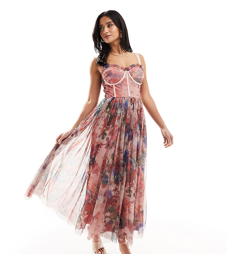 corset tulle midi dress in pink floral mix-Multi
