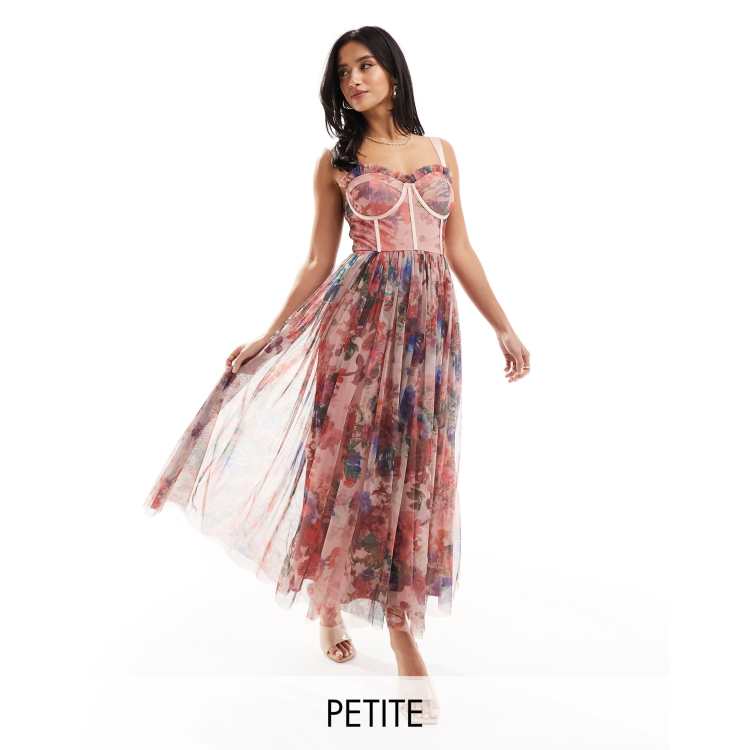 Lace & Beads Petite corset tulle midi dress in pink floral mix | ASOS