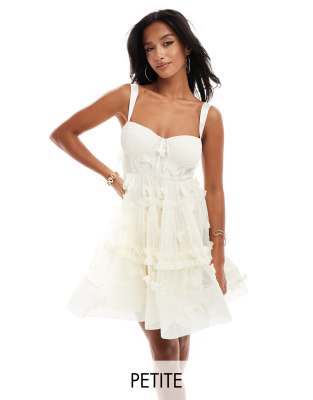 Lace & Beads Petite Corset Tulle Mini Dress With Bow Applique In Vintage Cream-white