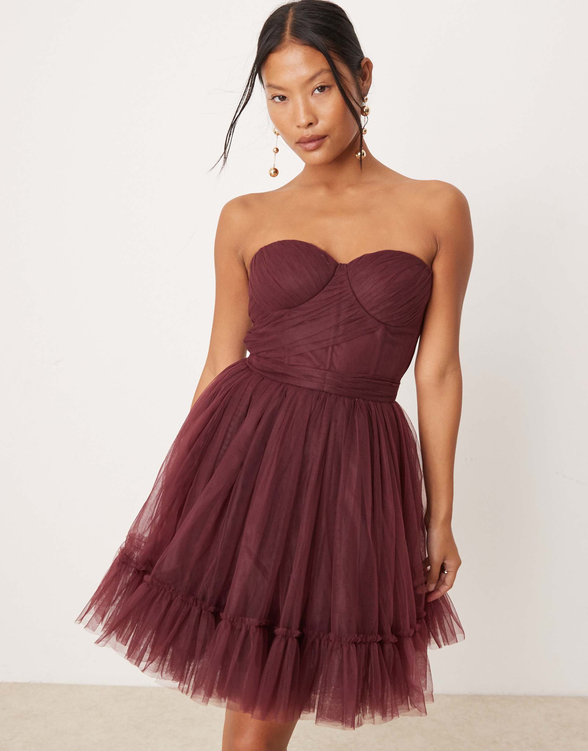 lace & beads petite corset tulle overlay mini dress in plum