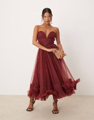 corset tulle ruffle hem midaxi dress in burgundy-Red