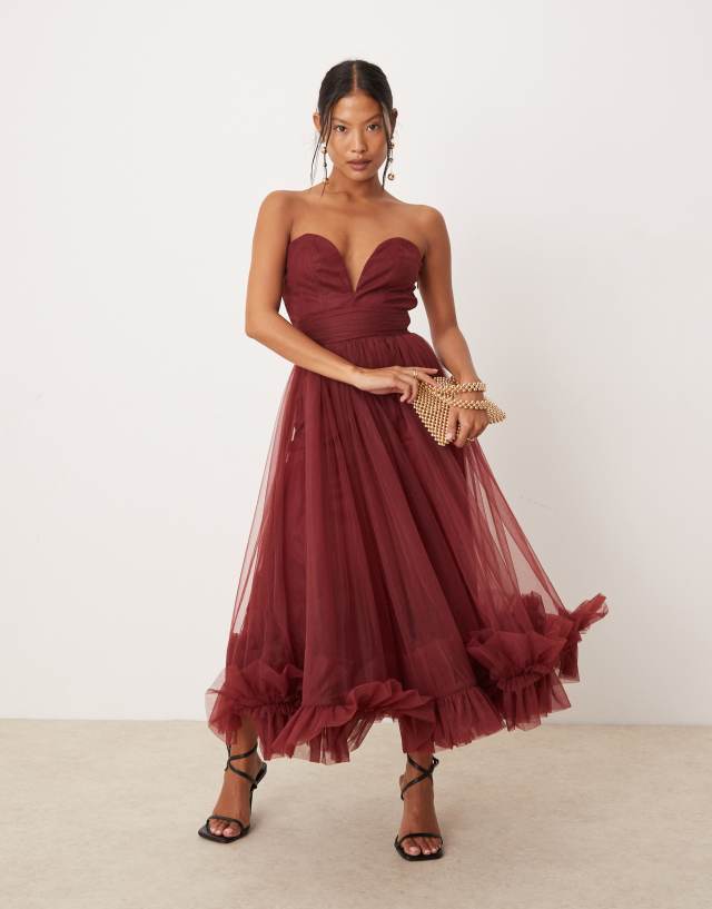 Lace & Beads Petite corset tulle ruffle hem midaxi dress in burgundy