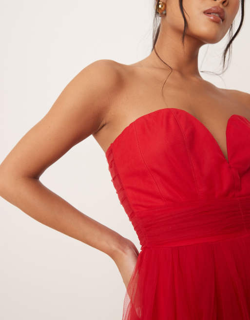 Lace & Beads Petite corset tulle ruffle hem midaxi dress in red