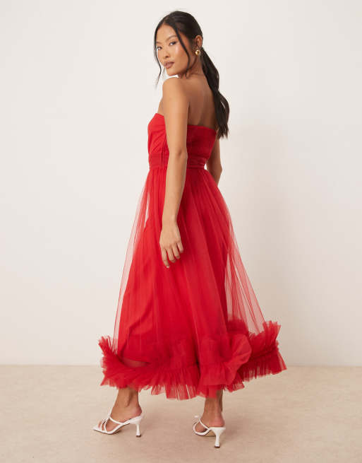 Lace & Beads Petite corset tulle ruffle hem midaxi dress in red