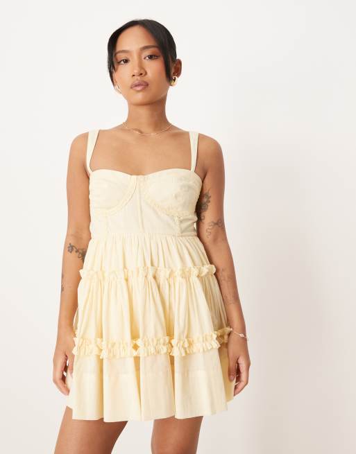 Lace & Beads Petite cotton corset ruffle mini dress in lemon