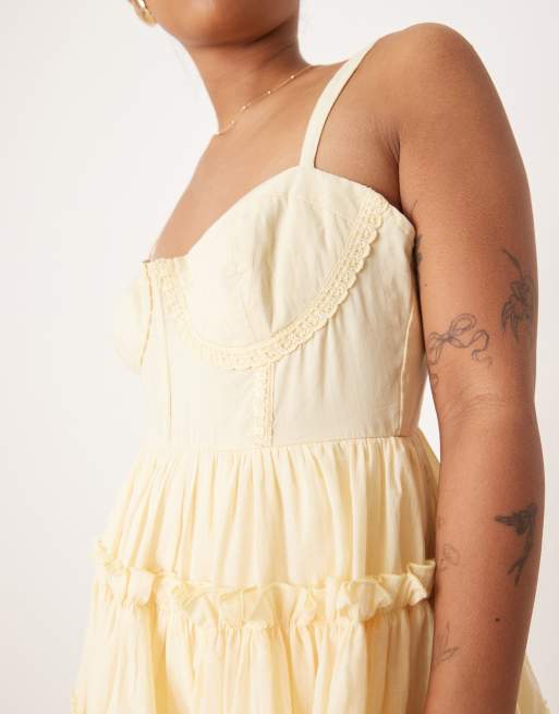 Lace & Beads Petite cotton corset ruffle mini dress in lemon