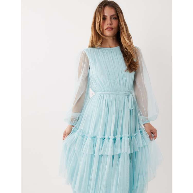 light blue tiered midi dress KanCan Kate Light Blue Tiered Midi Dress with Adjustable Straps