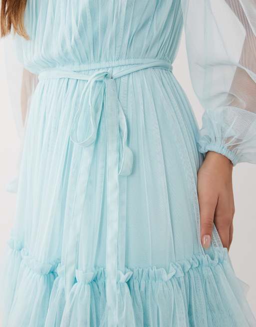 Lace & Beads Petite crew neck tiered midi dress in light blue, 3 of 4
