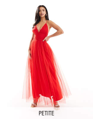 Lace & Beads Petite Lace & Beads Petite cross back tulle maxi dress in red