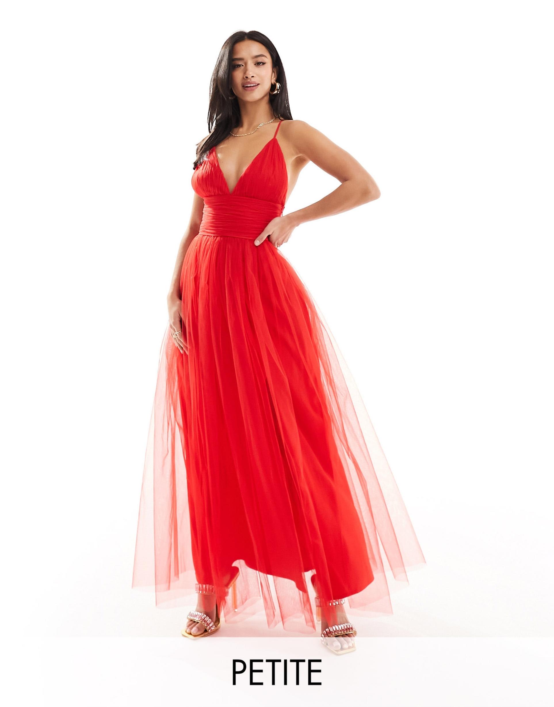 lace & beads petite cross back tulle maxi dress in red