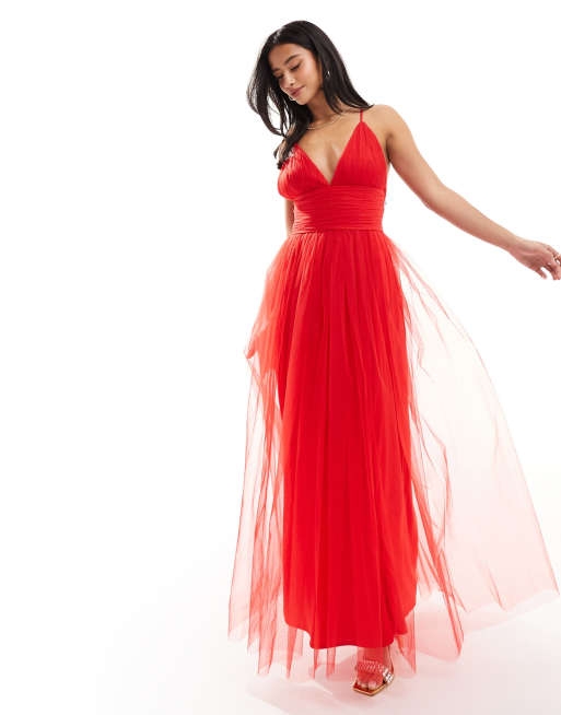 Lace & Beads Petite cross back tulle maxi dress in red, 4 of 4