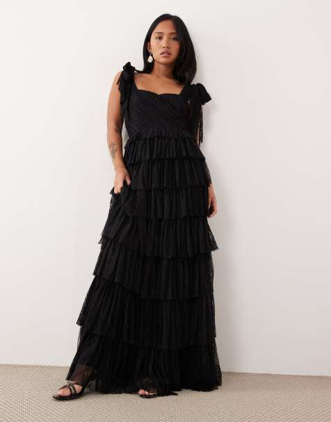 Lace & Beads Petite lace bow shoulder tiered maxi dress in black
