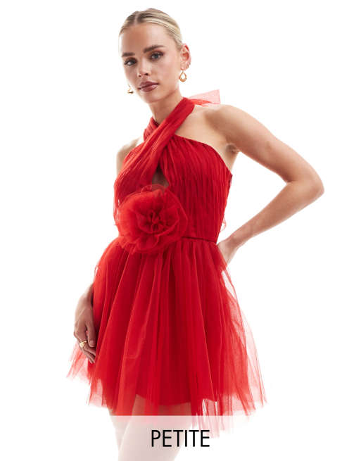 Lace & Beads Petite – Czerwona sukienka mini z bukiecikiem