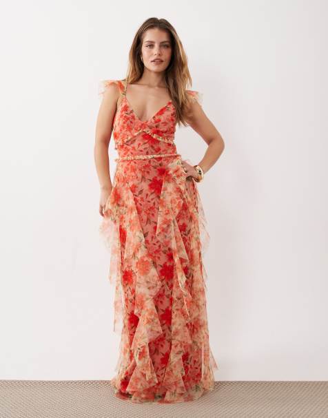 Lace & Beads Petite – Czerwona tiulowa sukienka maxi z falbankami w kwiatowy wzór - view 1