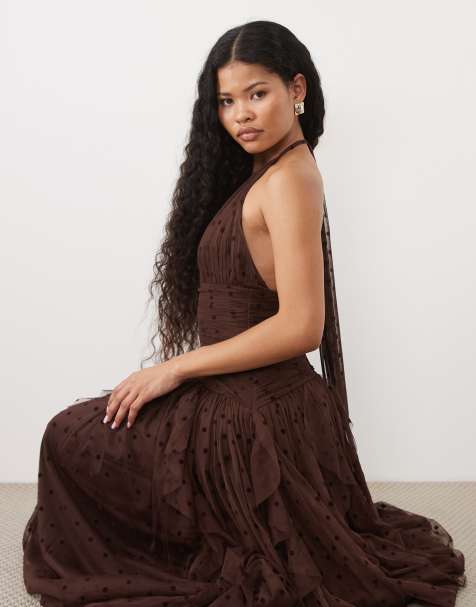 Lace & Beads Petite dobby halter neck ruffle skirt maxi dress in chocolate - view 1