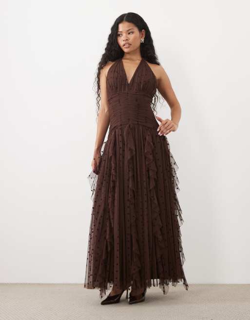 Lace & Beads Petite dobby halter neck ruffle skirt maxi dress in chocolate, 2 of 4