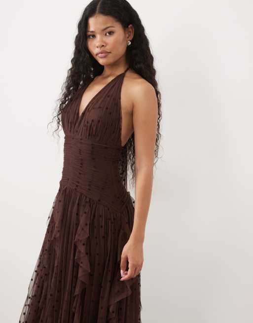 Lace & Beads Petite dobby halter neck ruffle skirt maxi dress in chocolate, 3 of 4