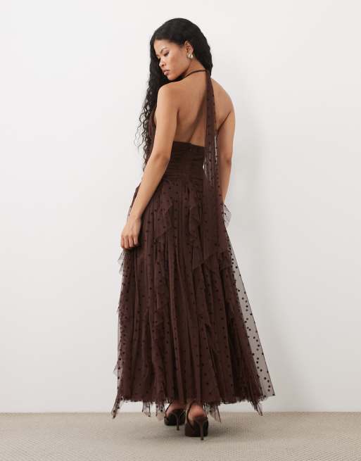 Lace & Beads Petite dobby halter neck ruffle skirt maxi dress in chocolate, 4 of 4