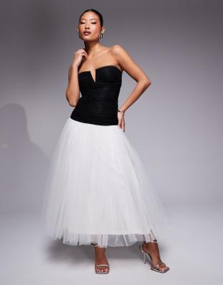 drop hem contrast tulle maxi dress in black and ivory