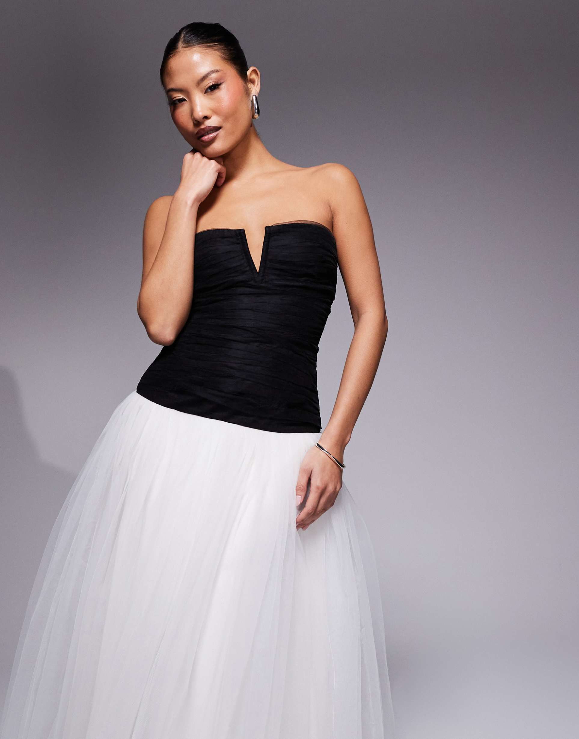 lace & beads petite drop hem contrast tulle maxi dress in black and ivory
